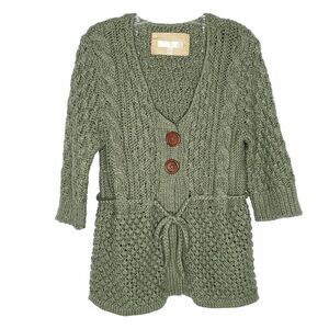 Kaisley Wool Blend Chunky Knit Cardigan Sweater M Belt Cable Popcorn Sage Green